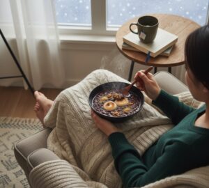 雪が降る窓の外を眺めながら、ブランケットにくるまって温かいアサイーぜんざいを一人で楽しむ画像