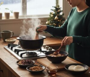 温かいアサイーぜんざいが作られている、キッチンの風景