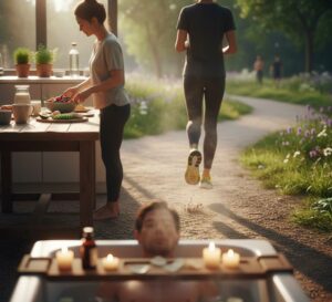 バスタブの肩までつかってちる男性・健康食材を調理している画像・ジョギングをしている画像それぞれBMRを促進する日常