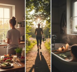 新緑が美しい公園の小道を、後ろ姿の人物が軽やかにウォーキングしている様子。木漏れ日が差し込み、爽やかな風が感じられるような情景