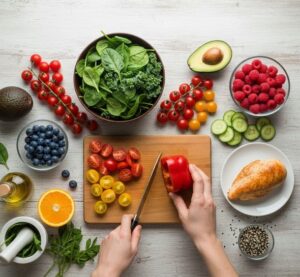 木製のテーブルに並べられた、色とりどりの新鮮な野菜、果物、鶏むね肉などが美しく盛り付けられている様子。手元には包丁やまな板が置かれ、これから調理が始まる瞬間