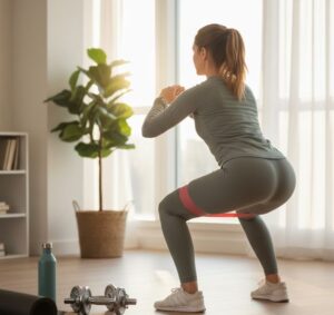 日ざしが差し込み明るい室内で運動が日常に取り入れられている様子