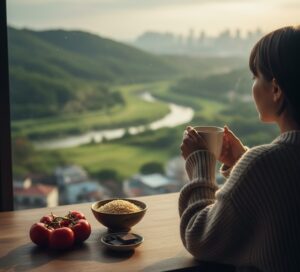 デスクワークで少し疲れた様子で、マグカップを片手に窓の外を眺めている人物の後ろ姿