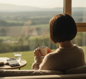 デスクワークで少し疲れた様子で、マグカップを片手に窓の外を眺めている人物の後ろ姿