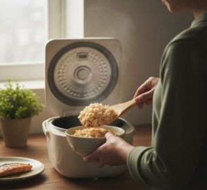 炊き上がった発芽玄米を茶碗の盛っている画像