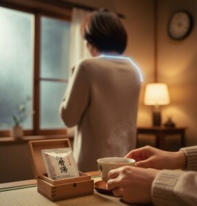 寒い季節に体が冷えを感じる瞬間や、薬を手に取る準備をする様子