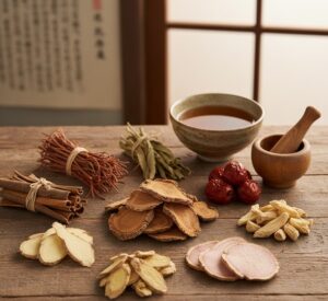 葛根湯の「基本知識」を象徴する画像です。様々な生薬の素材感と、それらが組み合わさって漢方薬となるイメージ