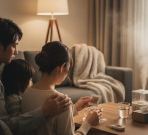 家族の誰かが体調を気遣うような、暖かくも注意を払う日常の風景を、人物の後ろ姿