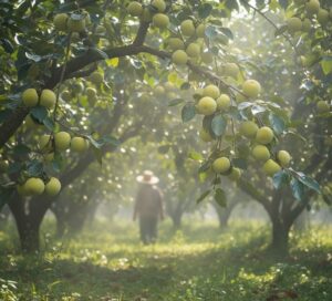 未熟な青い渋柿がたわわに実る、夏の終わりの柿畑の風景
