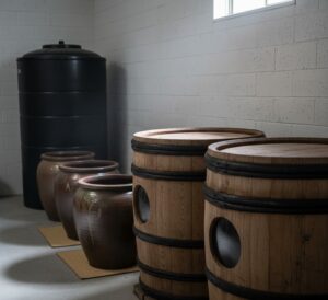 柿渋液が入った複数の発酵・熟成容器（陶器のカメや木樽、非金属製のタンクなど）が並べられた、清潔な冷暗所の様子