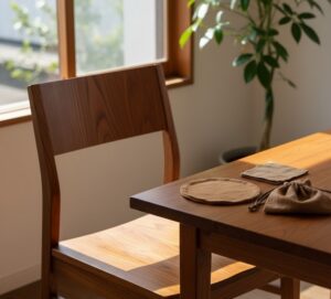 柿渋で丁寧に塗装された木製の家具（椅子やテーブルの一部など）が、窓から差し込む光を浴びている様子