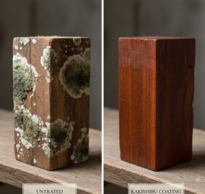 柿渋加工を施した木材と未加工の画像の比較