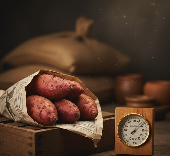 新聞紙に包まれ、温度計が添えられたさつまいもが、少し薄暗い冷暗所に置かれている様子