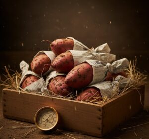 土の付いたさつまいもが、通気性の良い木箱に入れられ、新聞紙や藁のようなもので覆われている状態