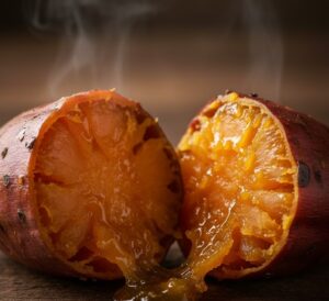 半分にカットされたさつまいもの断面がクローズアップされた画像