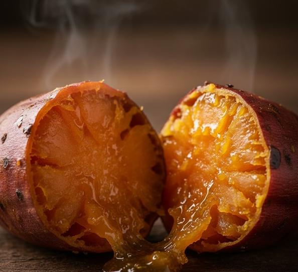 半分にカットされたさつまいもの断面がクローズアップされた画像