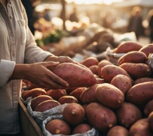 市場やスーパーで、山積みにされた新鮮なさつまいもの中から、良いものを選んでいる人