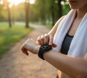 運動を終えて、スマートウォッチで自分の運動データを確認しているようなイメージ