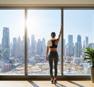 ジムの大きな窓から見える街の風景を背景に、軽めのウォーミングアップやクールダウンを行っているイメージ
