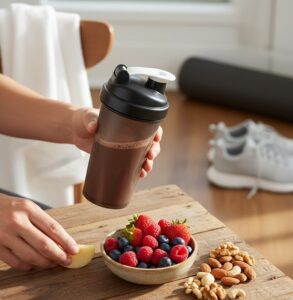 レーニングを終えた後に、リカバリーのためにプロテインドリンクやヘルシーなスナックを摂取しているイメージ