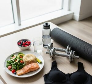 ヘルシーでバランスの取れた食事が並べられたテーブルの横に、トレーニングウェアとスポーツ用品（ダンベルやヨガマットなど）が置かれているイメージ