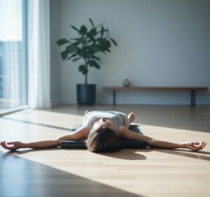 ストレッチポールを背中に敷いてスタジオで寝転んでいつ画像