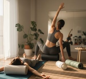 ビングの一角、あるいは窓から光が差し込む部屋で、ストレッチポールが静かに置かれている様子。その横にヨガマットや観葉植物があり、日常に溶け込む健康習慣を表現