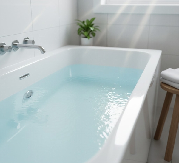 安全な入浴剤を使用するか、あるいは入浴剤を使用しないシンプルで清潔な状態を対比させ、ユーザーに安心感を提供する画像
