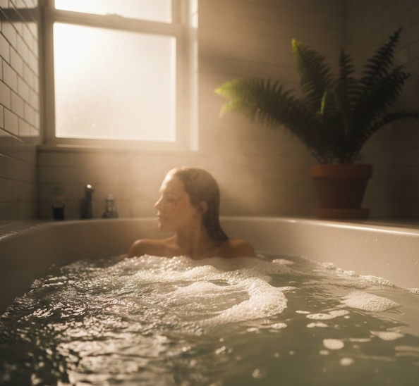 入浴剤の入ったお風呂に浸かっている女性の画像