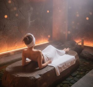 暖かい岩盤の上に横たわる女性（後ろ姿）。湯気が立ち込め、体がじんわりと温まっている様子を表現。静かで落ち着いた空間。