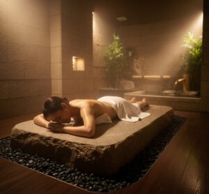 温かい岩盤に横たわり、じんわりと汗をかいている女性の後ろ姿。体の奥から温まっている様子