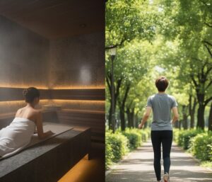 岩盤浴の風景（左側）と、ウォーキングしている人物の後ろ姿（右側）を対比させるような構図。両者が並列で描かれ、それぞれのダイエット法を比較検討するイメージ