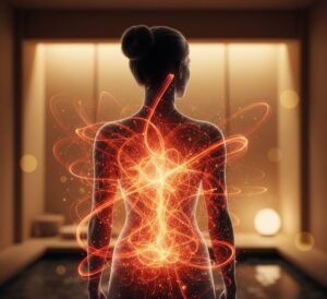 女性の体のシルエットに、血流や代謝が活発になっていることを示す光やエネルギーの流れを重ね合わせた抽象的なイメージ