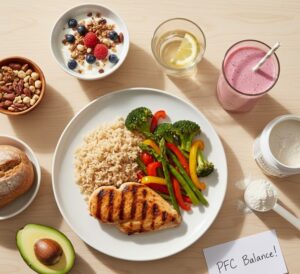 バランスの取れた食事とプロテインを組み合わせるイメージ