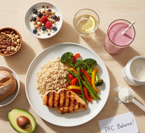 バランスの取れた食事とプロテインを組み合わせるイメージ