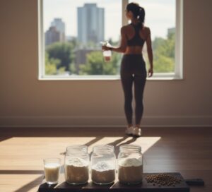 「朝の光が差し込む部屋に置かれた「シェイカー」と「3種のプロテイン