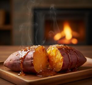 焼きたての焼き芋を木製のトレイに乗せ、湯気がわずかに立ち上る瞬間を捉える。背景は温かみのあるぼかしたキッチンや食卓。