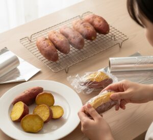 焼きあがって粗熱を取っている状態の焼き芋複数本と、それを一つずつラップで包んでいる途中の手元。