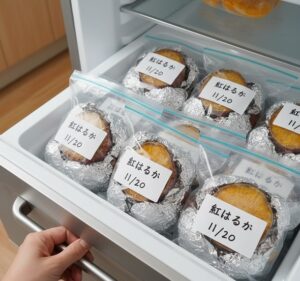 家庭用冷凍庫の引き出しを開けたところ。中に、ラップとアルミホイルで丁寧に包まれ、ジッパー付き保存袋に入れられた焼き芋のストックが、日付ラベルと共に整然と並べられている様子。