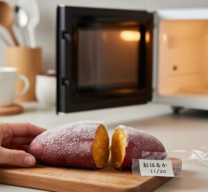 焼きたての焼き芋を木製のトレイに乗せ、湯気がわずかに立ち上る瞬間を捉える。背景は温かみのあるぼかしたキッチンや食卓。