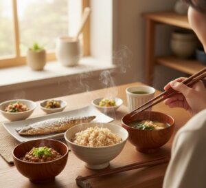 朝食の食卓に並ぶ発芽玄米ごはん