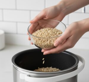 発芽玄米を炊飯器に移す手元