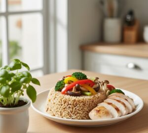 発芽玄米と野菜を盛り付けたヘルシープレート