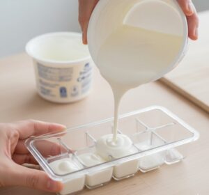 ヨーグルトを製氷皿で冷凍する様子