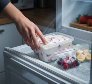 冷凍庫から取り出されたフローズンヨーグルトとフルーツ