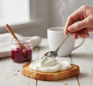解凍した水切りヨーグルトをパンに塗るシーン