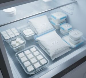 . 冷凍庫内で小分け保存されたヨーグルトのストック画像