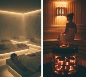 複数の客が岩盤浴を利用している画像とひとりの女性がサウナを利用している画像