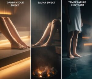 岩盤浴でじんわりと汗をかく足元と、サウナで熱気の中にいる人の足元や水風呂に入る寸前の足元など、発汗メカニズムや温度・湿度の違いからくる体感を表現。