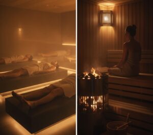 盤浴のやわらかな光と、サウナの熱気を感じさせる対比的な雰囲気。どちらも心地よさを感じさせる空間でありながら、異なる特徴を持つ風景画像